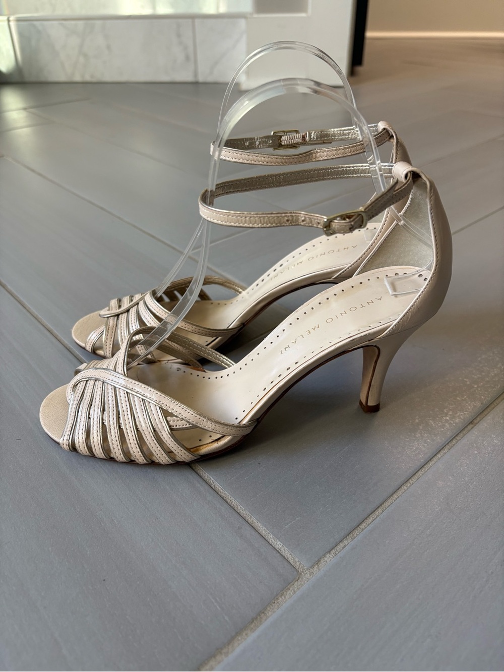 ANTONIO MELANI Blair Sandals | Bone & Silver Strappy Open-Toe Heels - Picture 3 of 9